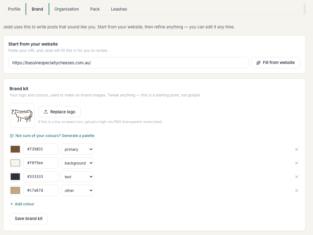 The Jedd screen for adding a website and reviewing business colours and logo