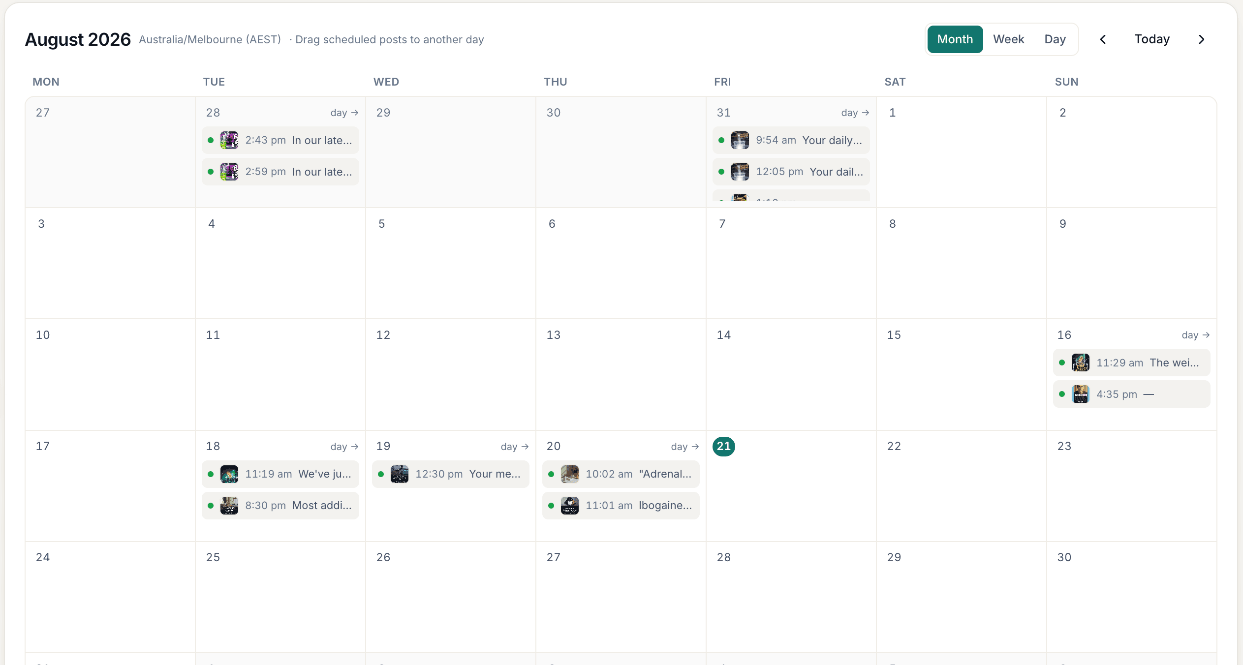 The Jedd calendar showing social posts planned across a month