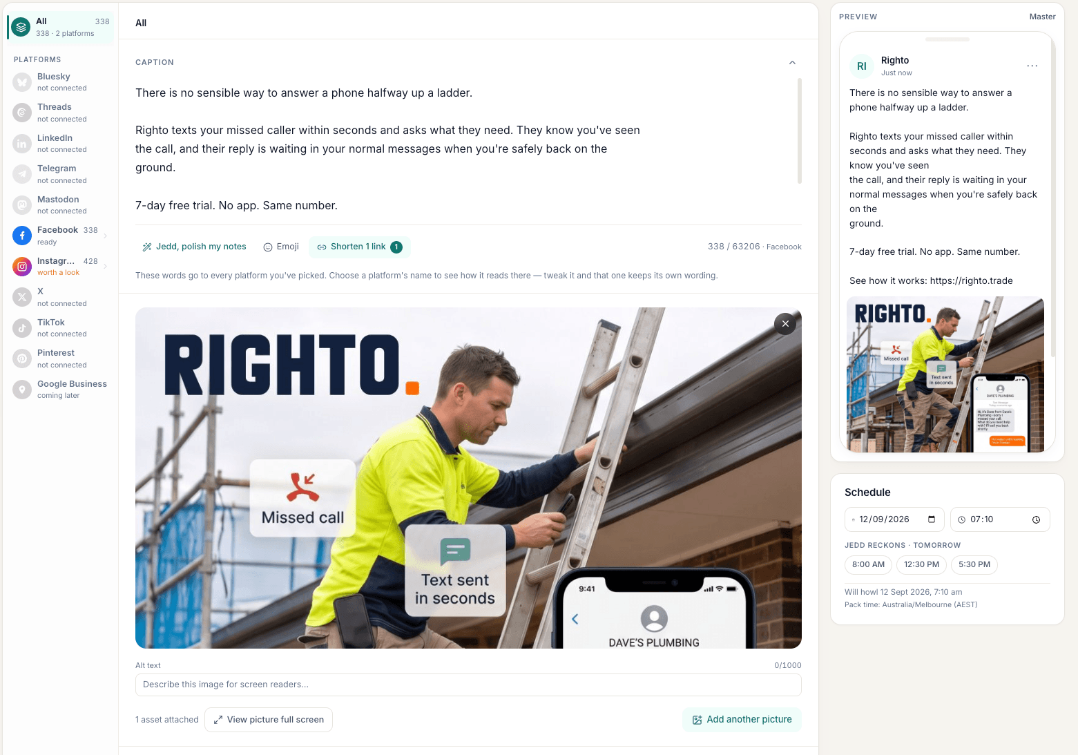 A social post being prepared in Jedd for several connected accounts